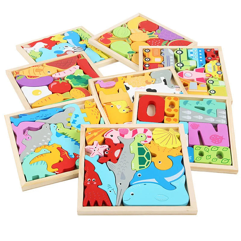 Montessori Wooden 3D Jigsaw Puzzle – Tangram Math & Shape Matching Educational Toys for Kids