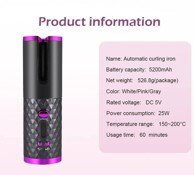 Automatic Hair Curler – 3 Color Options, USB Charging, Wireless Rotating Curling Iron, Anti-Scalding