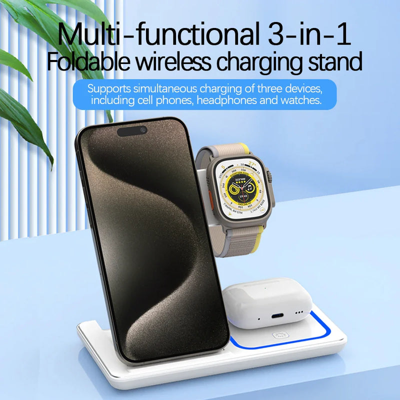 30W LED Fast Wireless Charger Stand – 3-in-1 Foldable Charging Station for iPhone, Apple Watch & AirPods