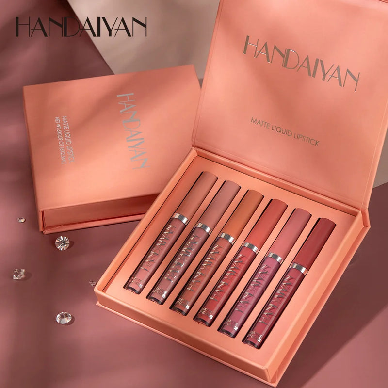 HANDAIYAN 6-Piece Liquid Velvet Matte Lip Gloss Set – Long Lasting Red & Nude Lipsticks for Women