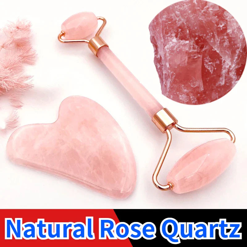 Rose Quartz Powder Crystal Jade Roller & Gua Sha Set – Natural Stone Facial Massagers for Beauty & Lift-Up Spa Treatment