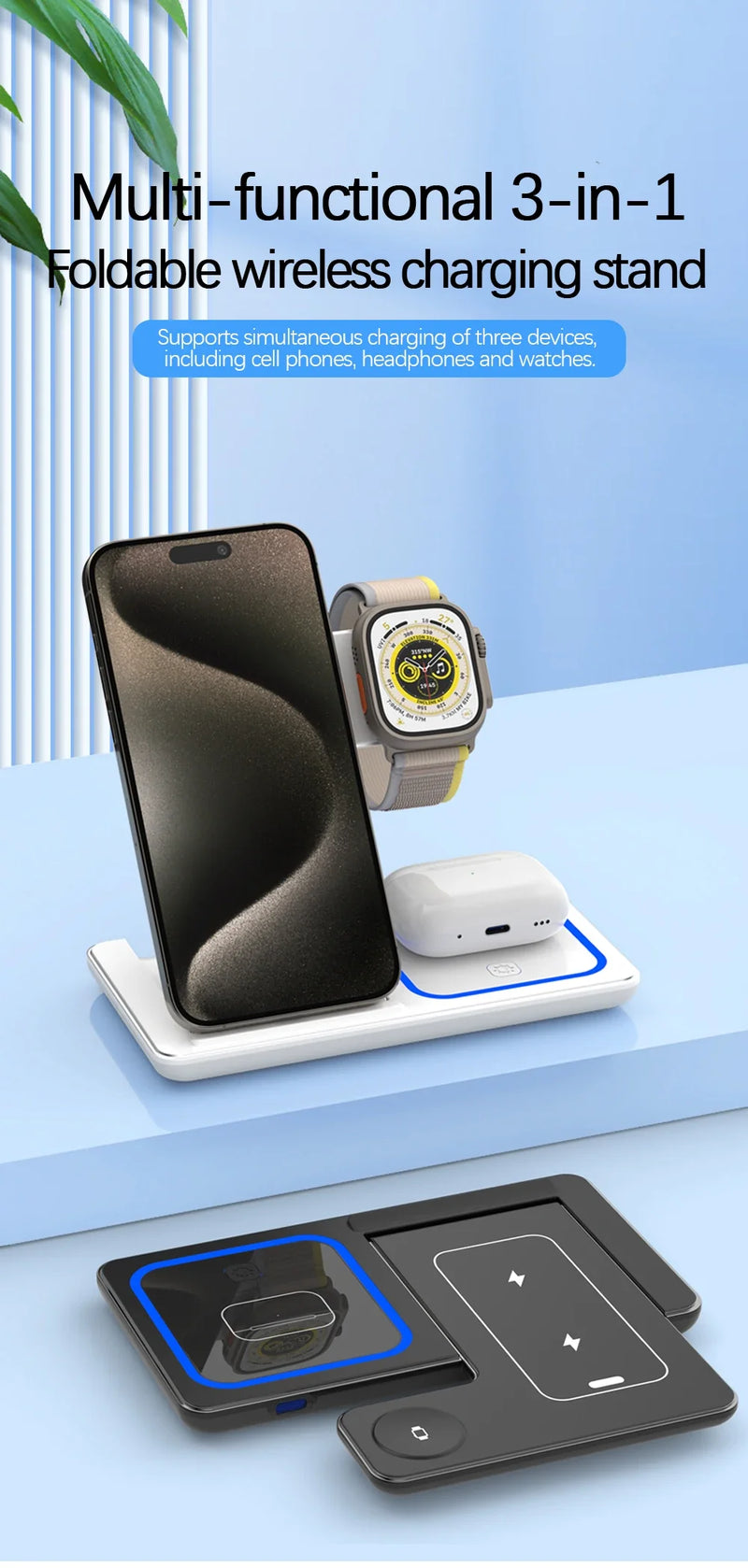 30W LED Fast Wireless Charger Stand – 3-in-1 Foldable Charging Station for iPhone, Apple Watch & AirPods