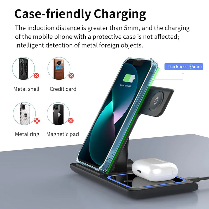 30W LED Fast Wireless Charger Stand – 3-in-1 Foldable Charging Station for iPhone, Apple Watch & AirPods